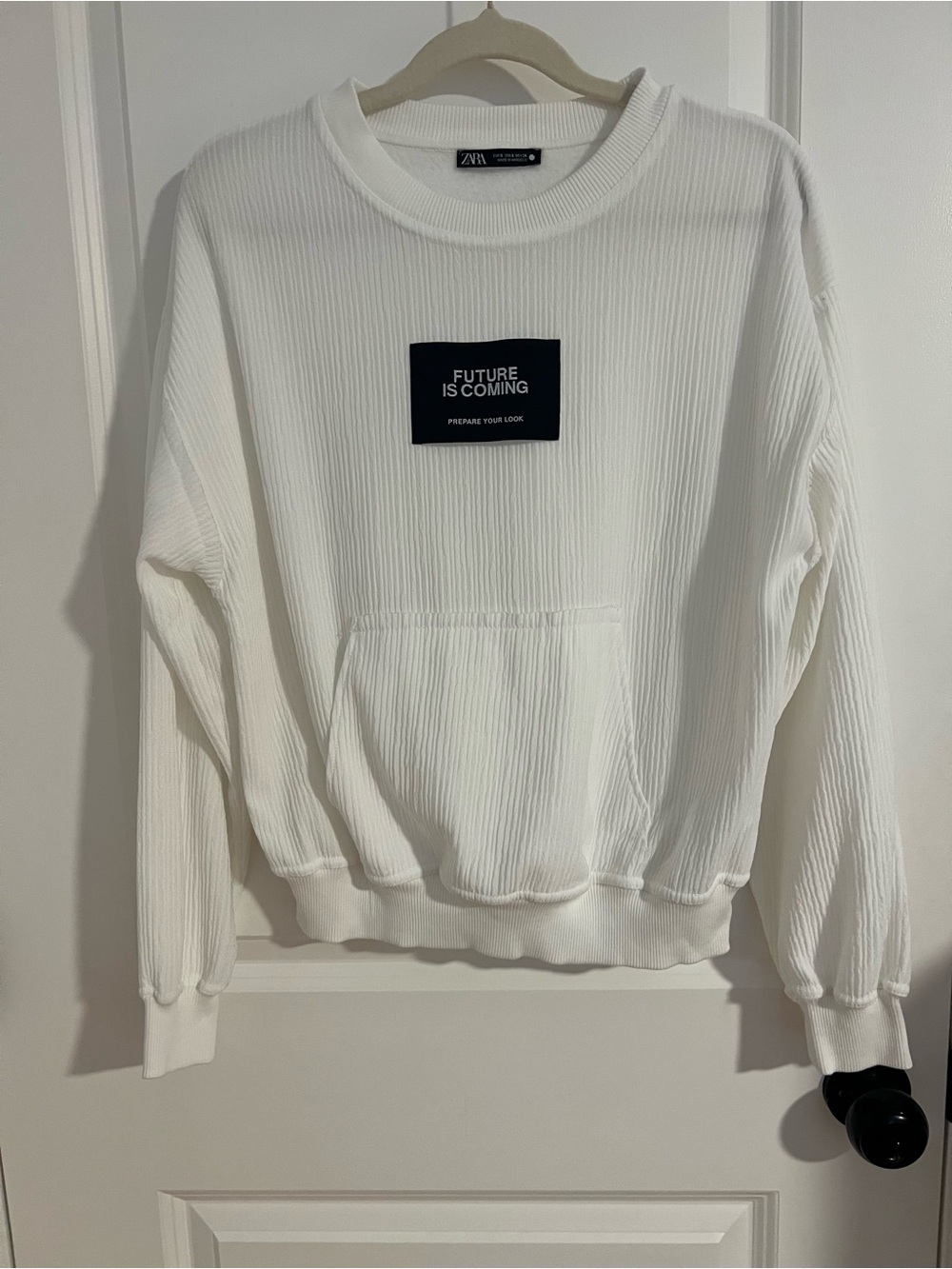 ZARA Cream Ribbed Crewneck Sweatshirt with 'Future Is Coming' Patch